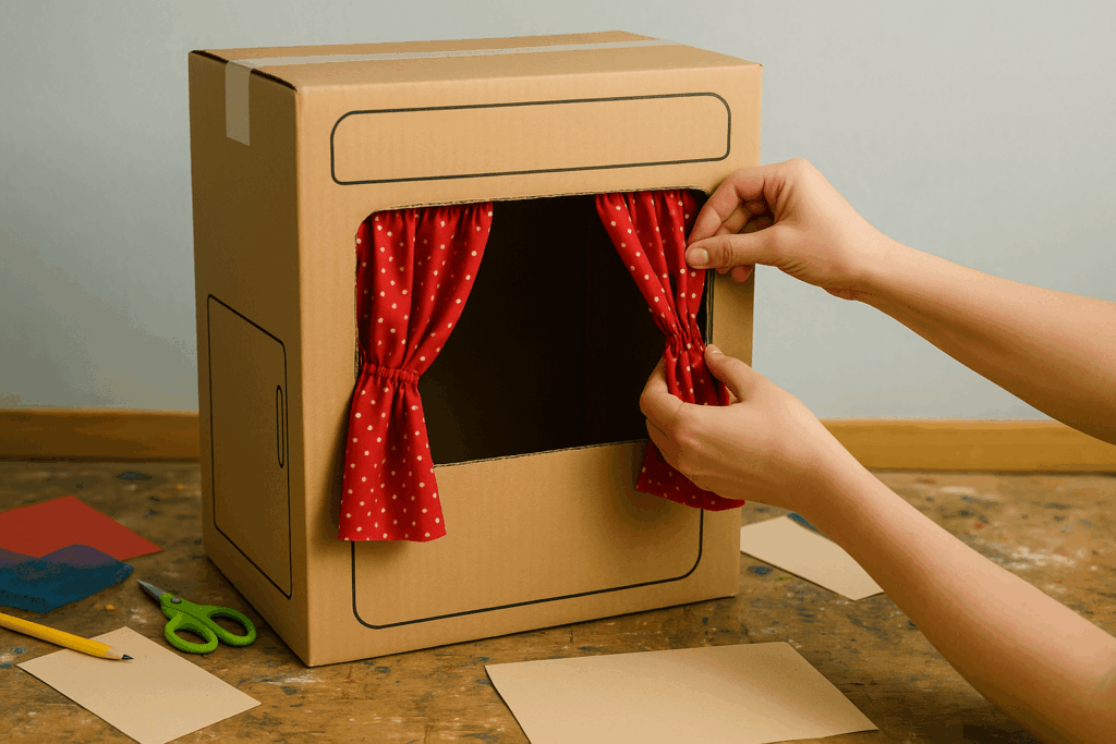 Creatieve versieringen voor een poppenkast, met kleurrijke stoffen en accessoires.
