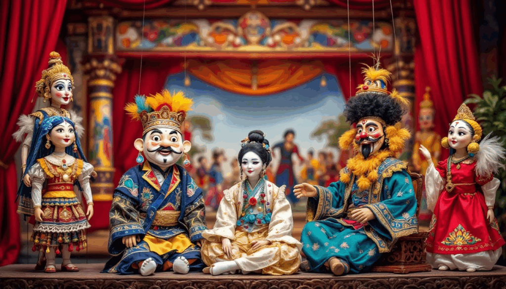 Een afbeelding die rituelen en tradities van poppenspel wereldwijd laat zien.