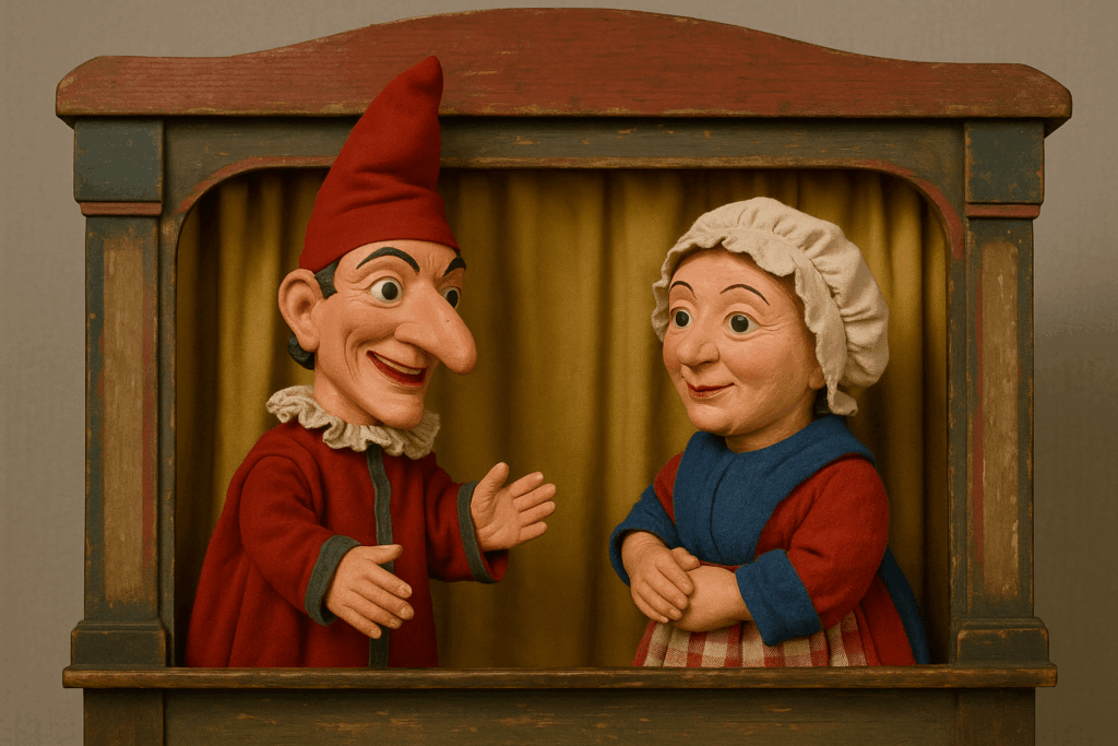 Een afbeelding van Jan Klaassen en Katrijn, iconische figuren uit het poppenspel.