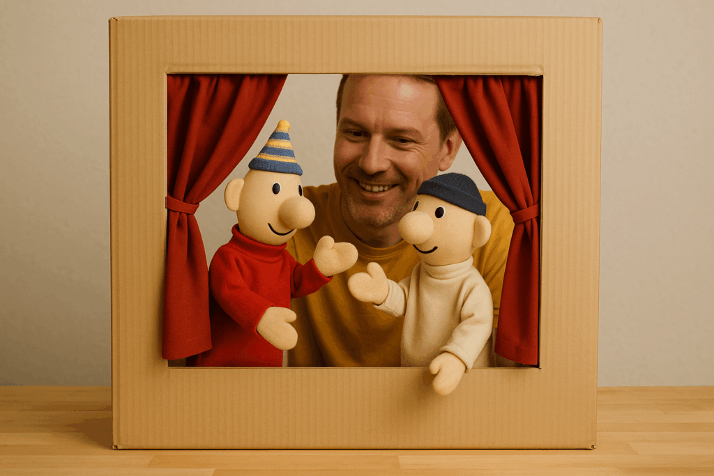 Een poppenkast voorstelling met kinderen die naar de show kijken en genieten van de handpoppen.